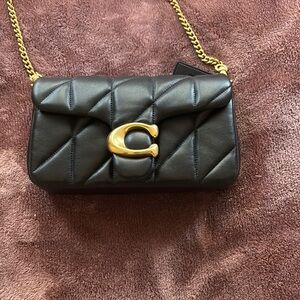 Black Quilted Leather Bag with Gold Chain
